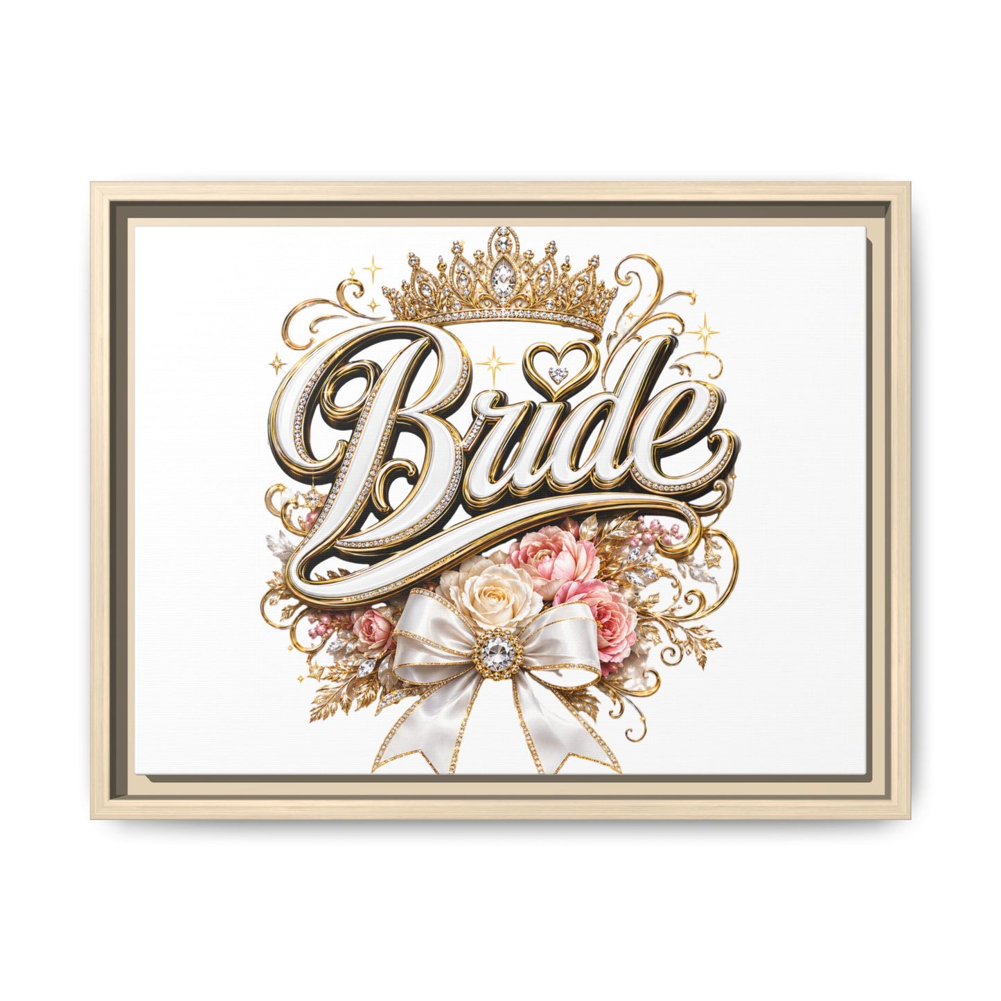 Framed Bride Canvas Wall Art — Elegant Bridal Crown & Floral Wedding Decor