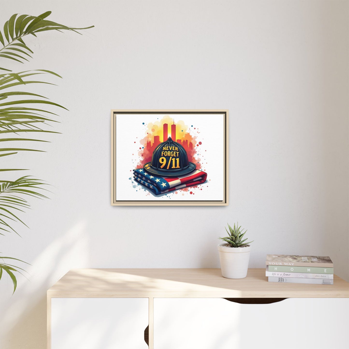 Never Forget 9/11 Framed Canvas Print — Firefighter Helmet & American Flag Memorial Art