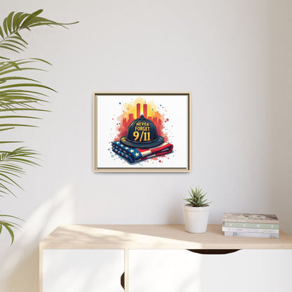Never Forget 9/11 Framed Canvas Print — Firefighter Helmet & American Flag Memorial Art