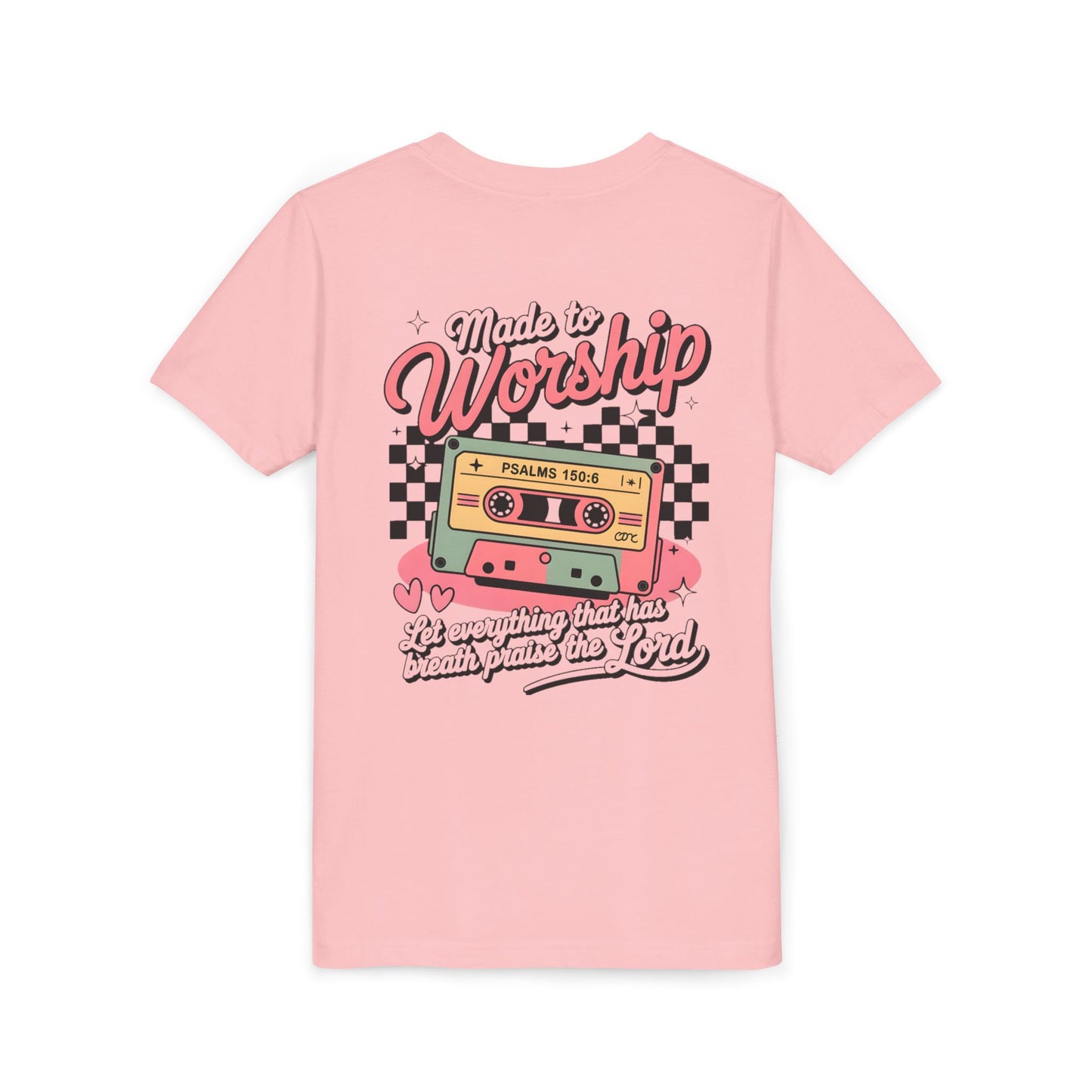 Made to Worship Youth Tee – Retro Cassette Christian Kids Shirt (Psalms 100:4)