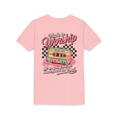Made to Worship Youth Tee – Retro Cassette Christian Kids Shirt (Psalms 100:4)
