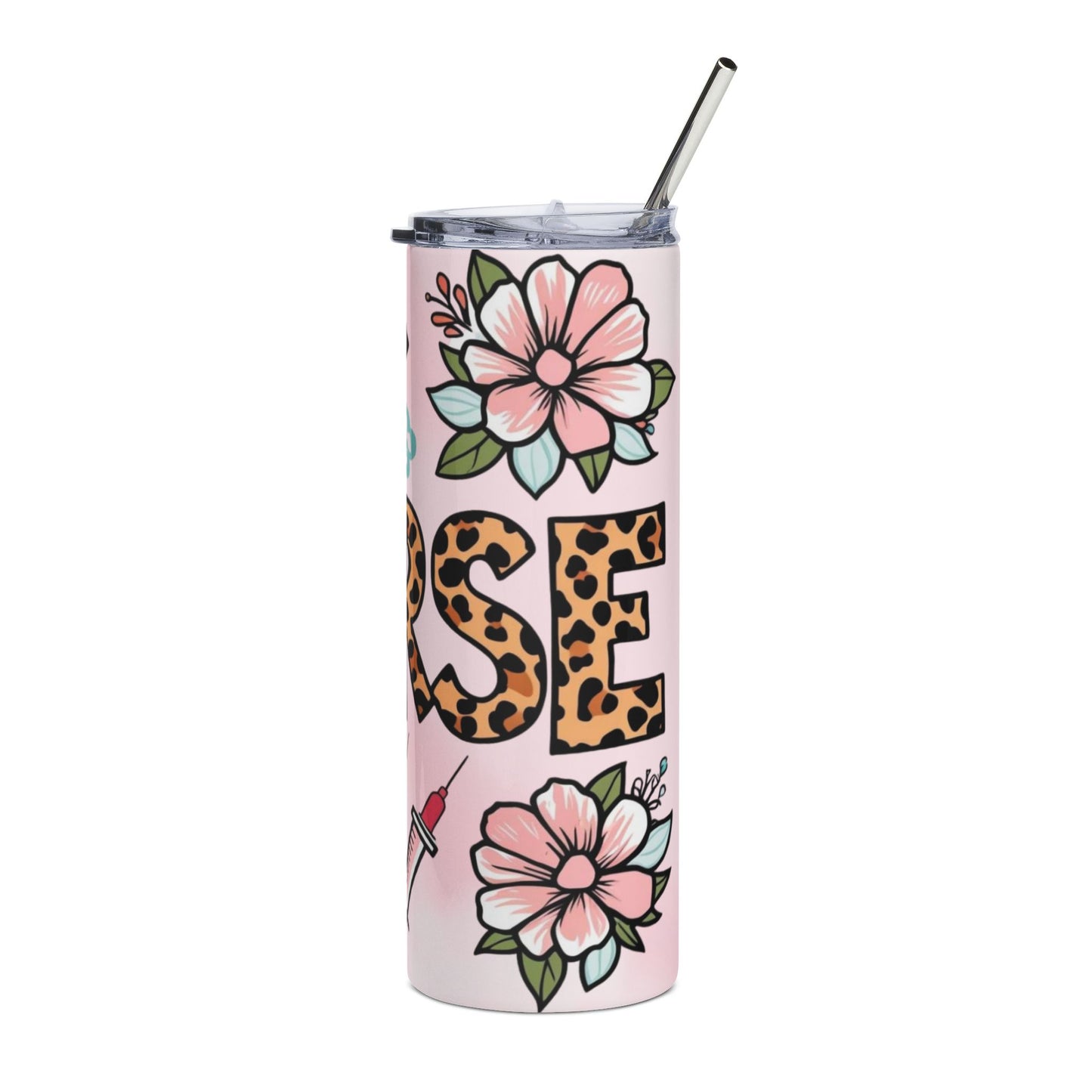 Nurse Leopard Print 20oz Stainless Tumbler – Pink Medical Stethoscope & Syringe Travel Mug