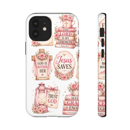 Christian Phone Case — Jesus Saves Floral Tough Case with 'God Is Within Her' & 'Trust God' Design