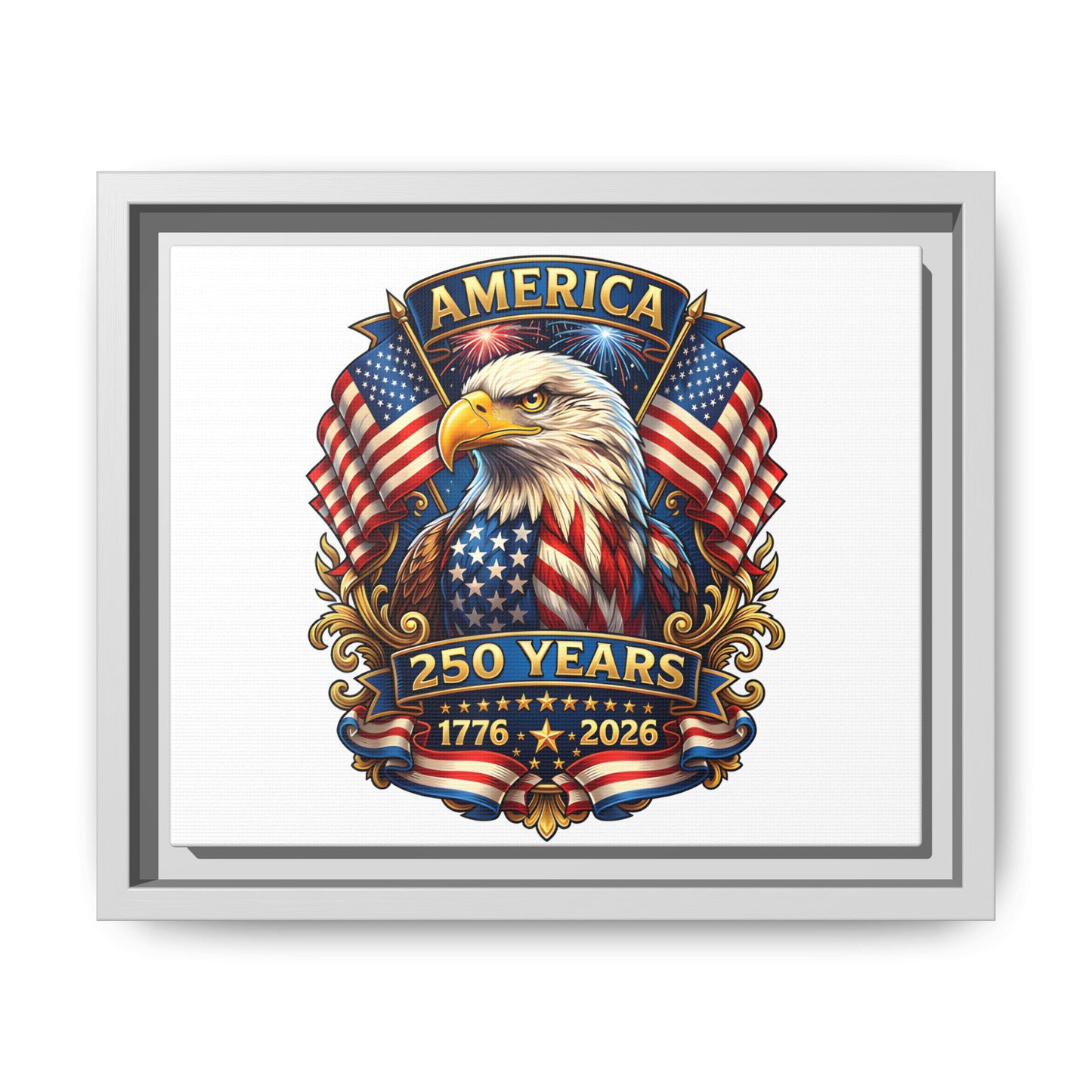 America 250th Anniversary Framed Canvas — Patriotic Bald Eagle Wall Art