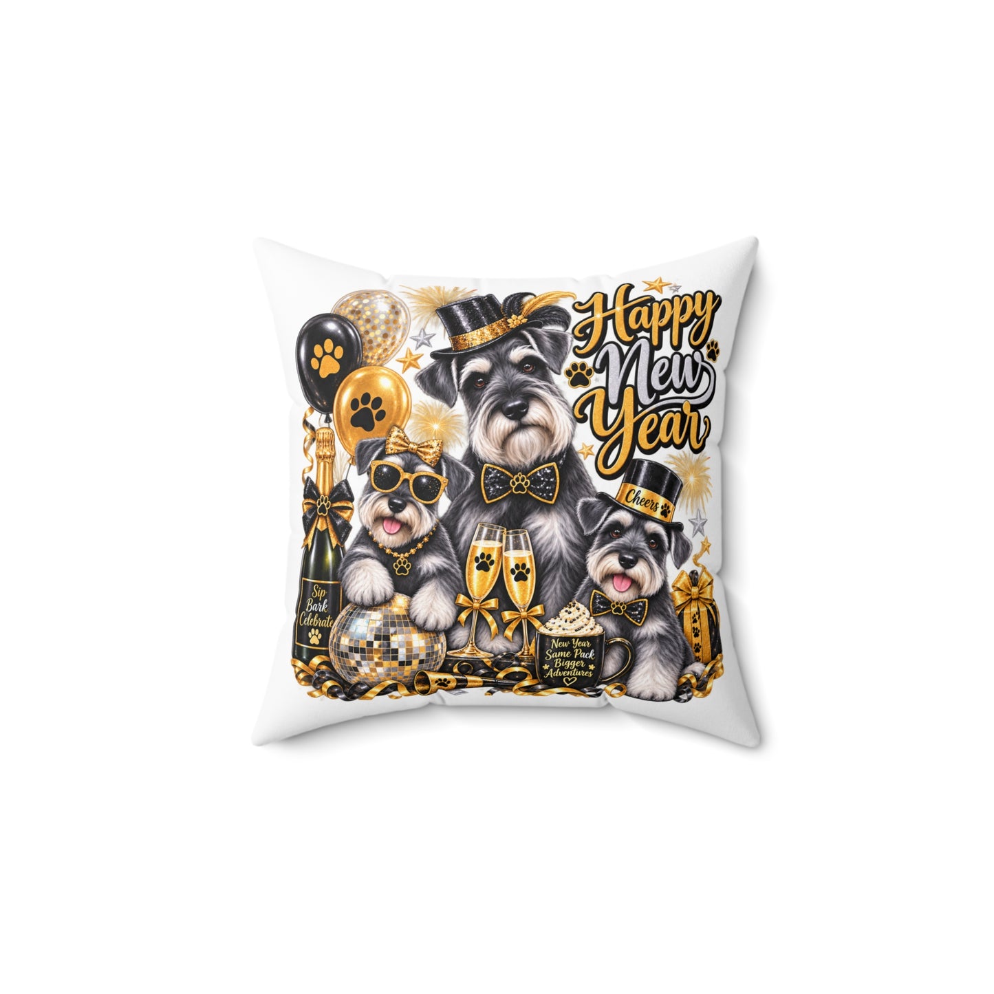 Happy New Year Schnauzer Pillow — Festive Gold Party Decorative Throw Pillow