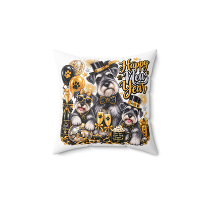 Happy New Year Schnauzer Pillow — Festive Gold Party Decorative Throw Pillow