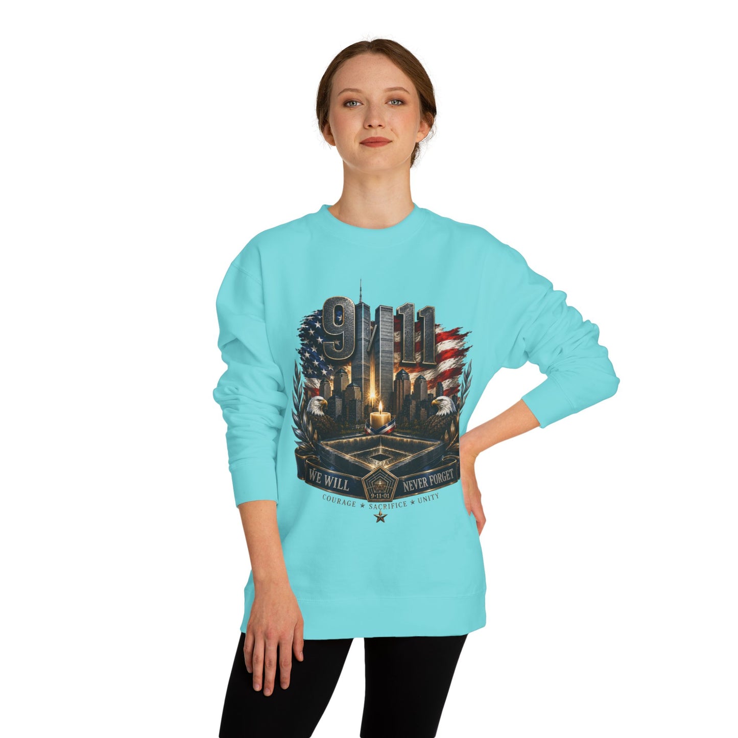 9/11 Memorial Crewneck Sweatshirt — We Will Never Forget Tribute