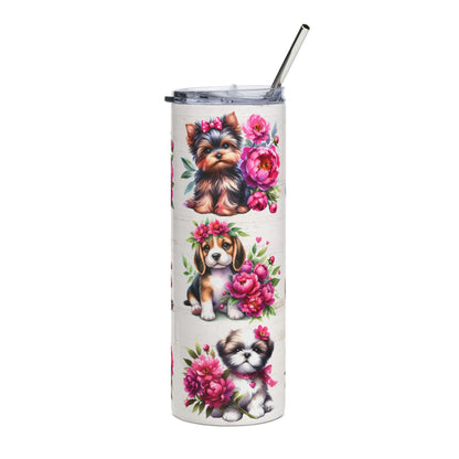 20oz Stainless Tumbler with Floral Puppy Pattern — Insulated Dog Lover Travel Cup