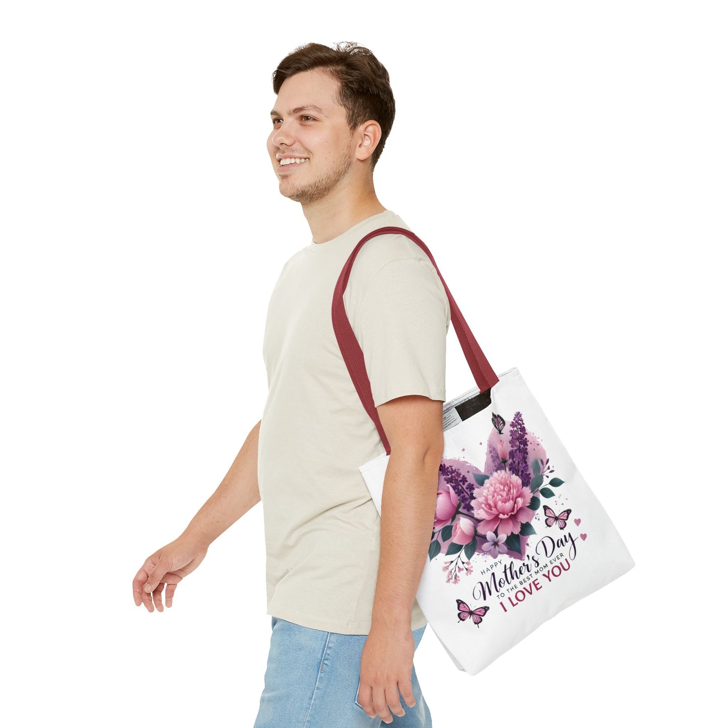 Mother's Day Floral Tote Bag - "Happy Mother's Day I Love You" Heart Bouquet