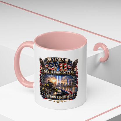 9/11 Memorial Coffee Mug — "25 Years of Never Forgotten" Patriot Tribute