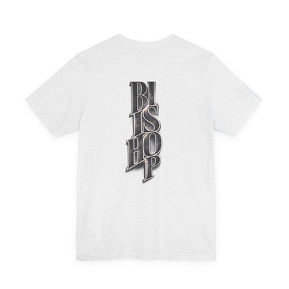 Bishop Vertical Script Tee — Vintage Gothic Lettering T-Shirt