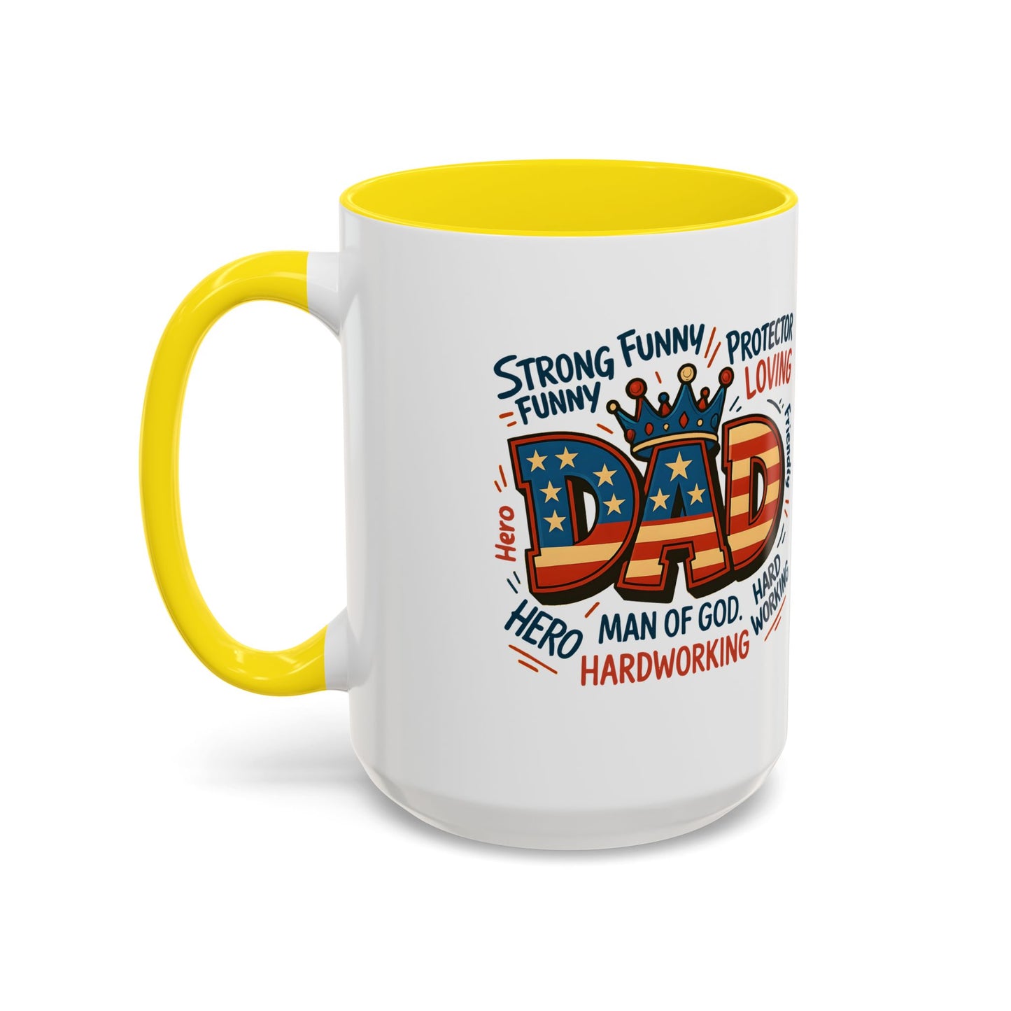 Dad Coffee Mug — Patriotic "DAD" Design with Loving, Hardworking, Protector Keywords (11/15oz Accent Mug)