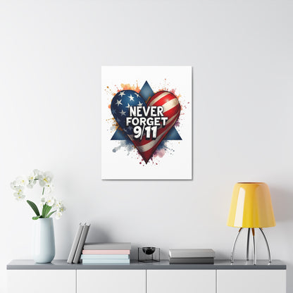 Never Forget 9/11 American Flag Heart Stretched Canvas