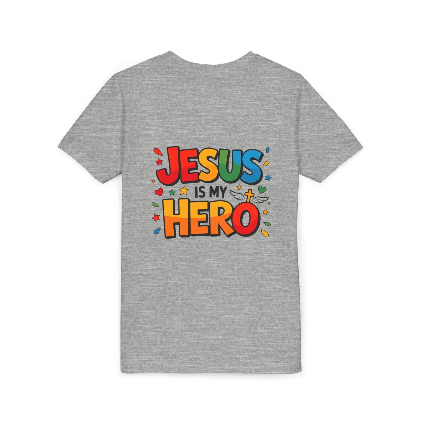 Youth Tee — "Jesus Is My Hero" Colorful Kids Christian T-Shirt