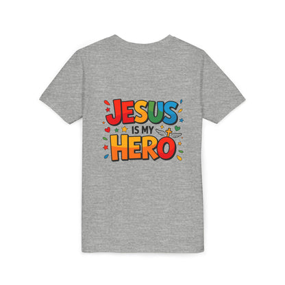 Youth Tee — "Jesus Is My Hero" Colorful Kids Christian T-Shirt