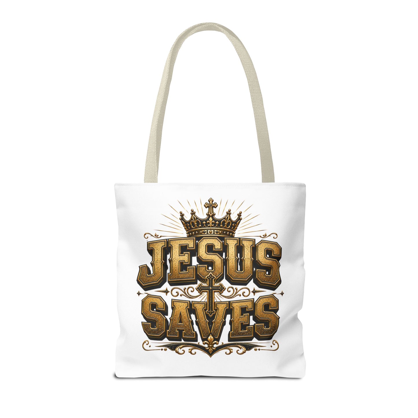 Jesus Saves Tote Bag — Christian Gospel Canvas Carryall with Crown & Cross Design