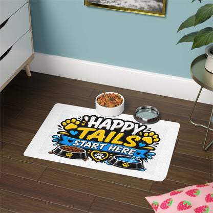 Pet Food Mat — "Happy Tails Start Here" Non-Slip Feeding Mat (12x18)