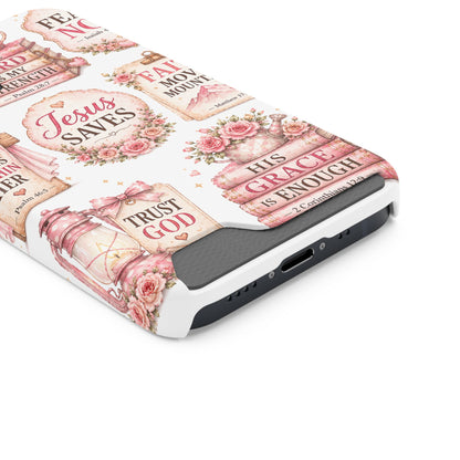 Christian Phone Case with Card Holder — 'Jesus Saves' Floral Scripture Design