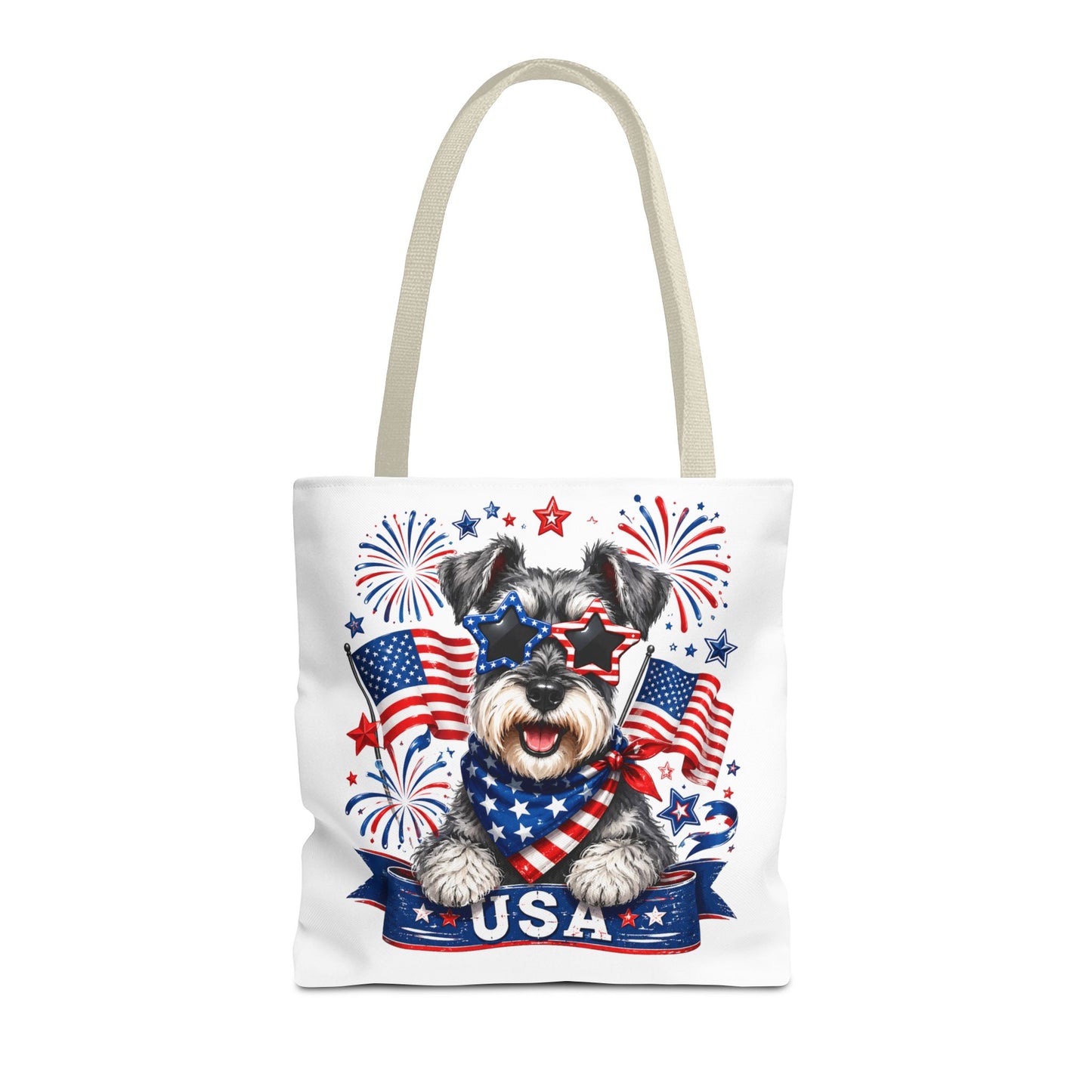 Patriotic Schnauzer Tote Bag — USA Flag Fireworks All-Over Print