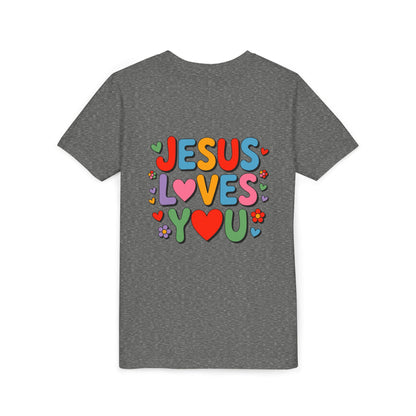 Youth Tee - "Jesus Loves You" Colorful Heart & Flower Christian Shirt