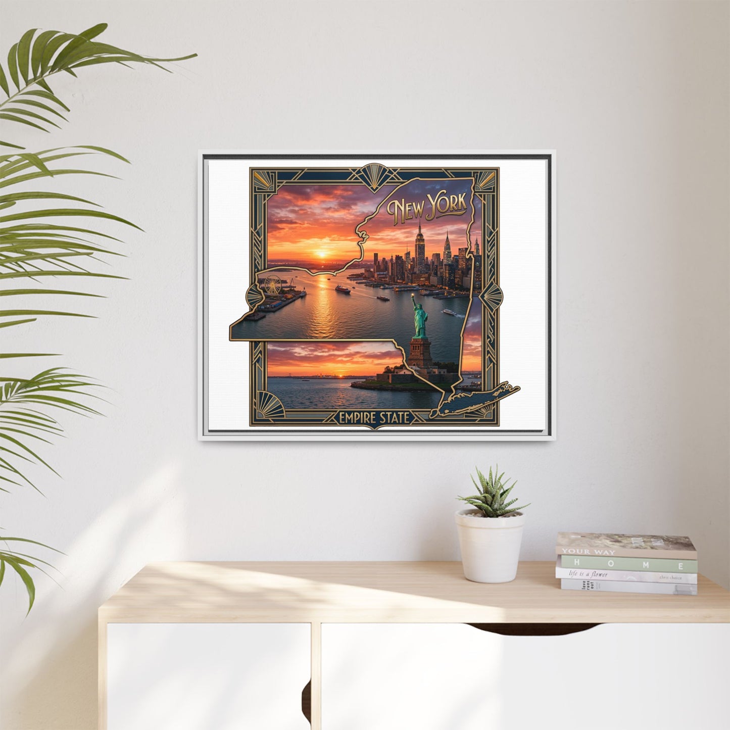 Framed Matte Canvas Wall Art — New York City Sunset Skyline with Statue of Liberty