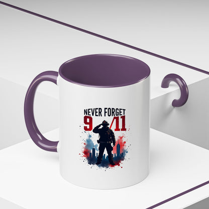 Never Forget 9/11 Accent Coffee Mug — Patriotic Memorial Tribute (11oz, 15oz)