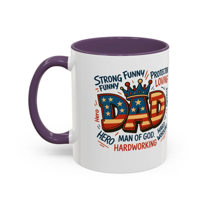 Dad Coffee Mug — Patriotic "DAD" Design with Loving, Hardworking, Protector Keywords (11/15oz Accent Mug)
