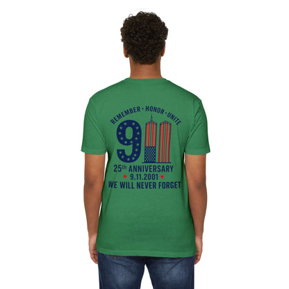 9/11 Memorial T-Shirt – "Remember Honor Unite" 25th Anniversary We Will Never Forget