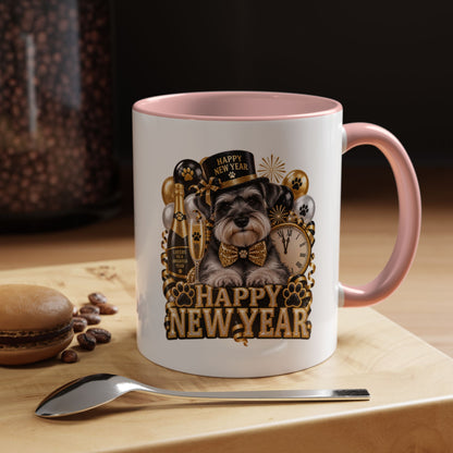 Happy New Year Dog Coffee Mug — Festive Black & Gold 11/15oz Accent Mug