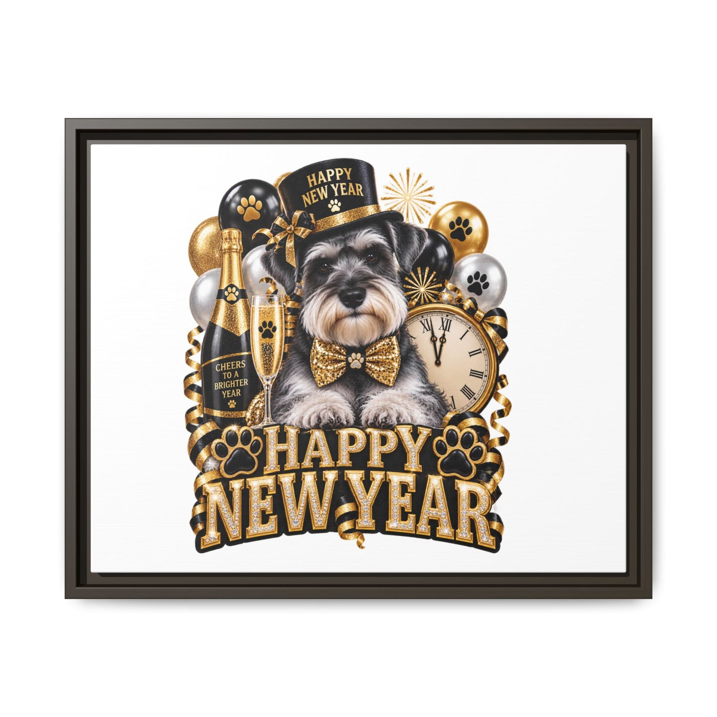 Happy New Year Schnauzer Matte Canvas Framed Art