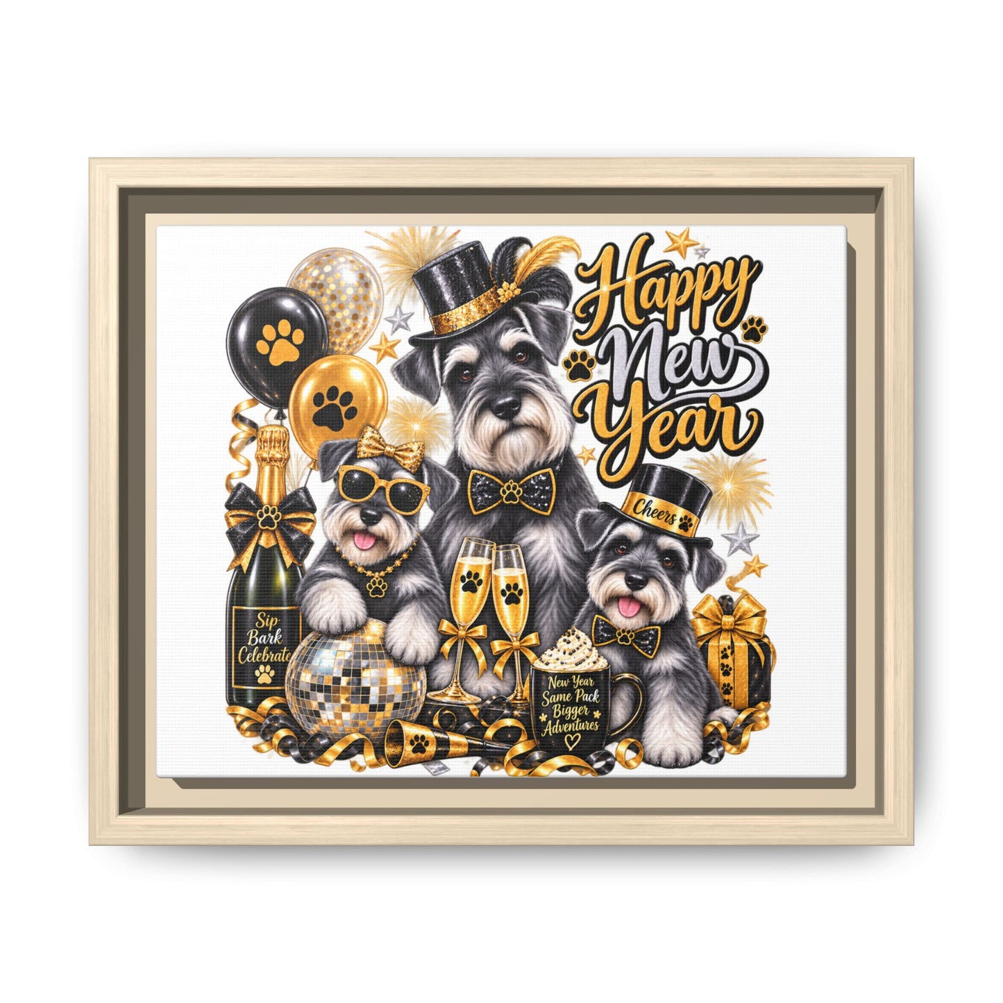 Happy New Year Schnauzer Holiday Canvas Print — Framed Matte Wall Art