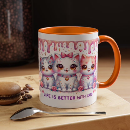 Cute Pastel Kawaii Cat Mug – "Life Is Better With Cats" Accent Coffee Cup (11/15 oz)