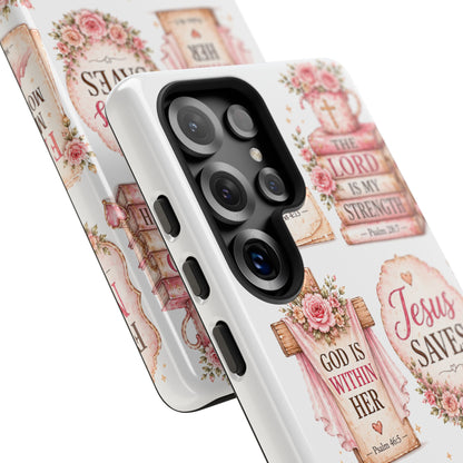 Christian Phone Case — Jesus Saves Floral Tough Case with 'God Is Within Her' & 'Trust God' Design