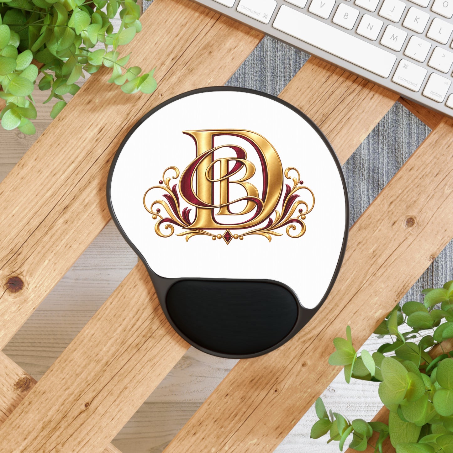 Gold Monogram D Mouse Pad with Ergonomic Wrist Rest
