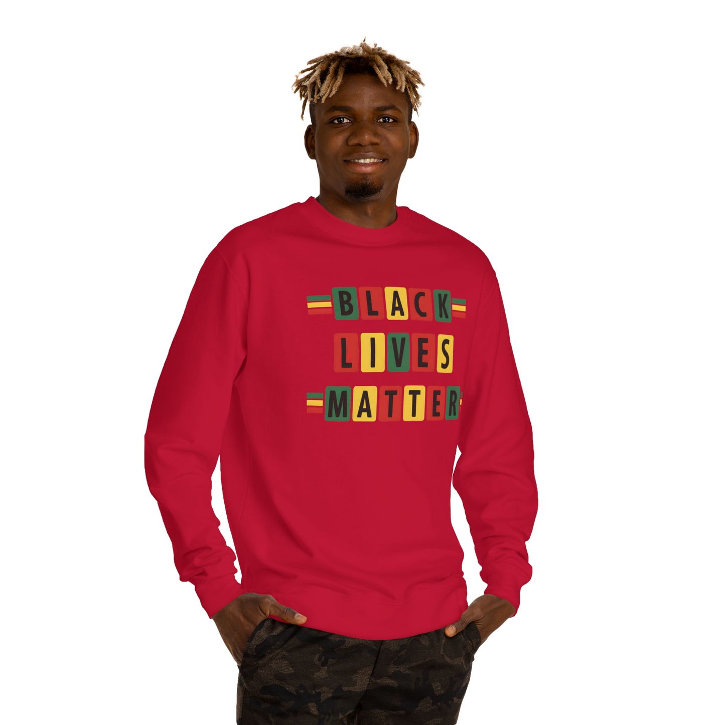 Black Lives Matter Crewneck Sweatshirt — Pan-African Block Letter Design