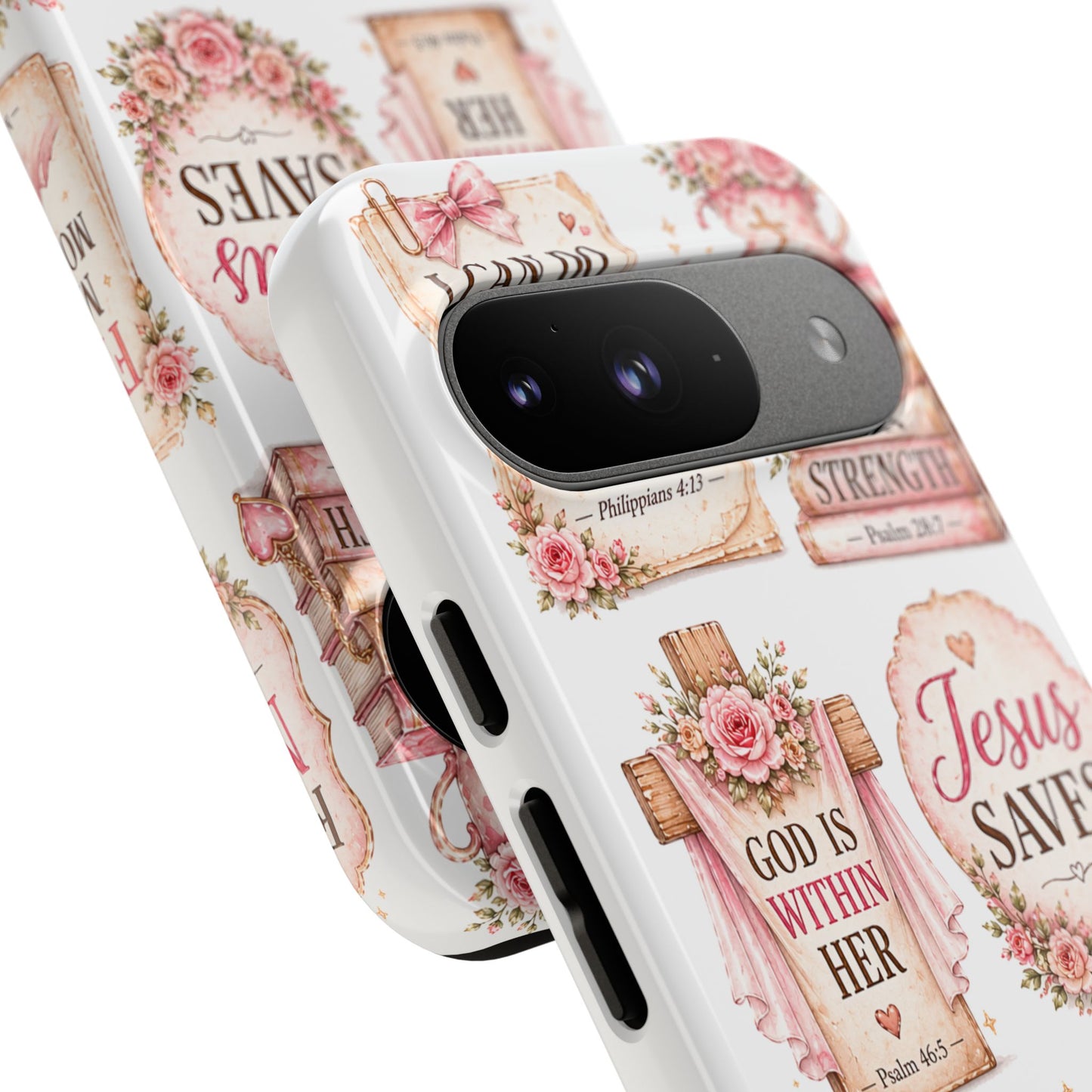 Christian Phone Case — Jesus Saves Floral Tough Case with 'God Is Within Her' & 'Trust God' Design