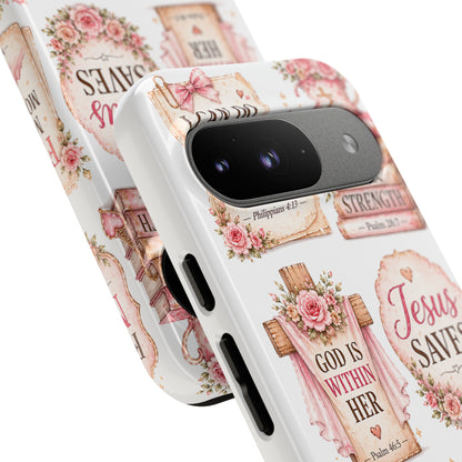 Christian Phone Case — Jesus Saves Floral Tough Case with 'God Is Within Her' & 'Trust God' Design
