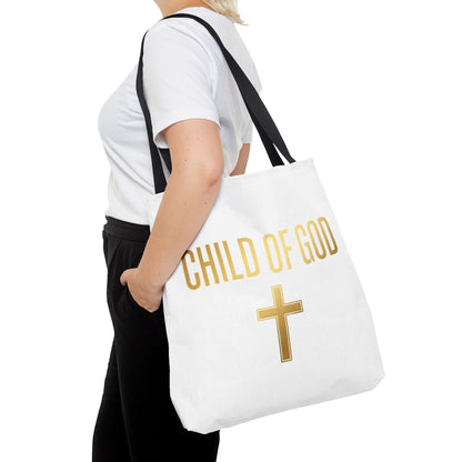 Child of God Tote Bag — Gold Cross Religious Canvas Tote