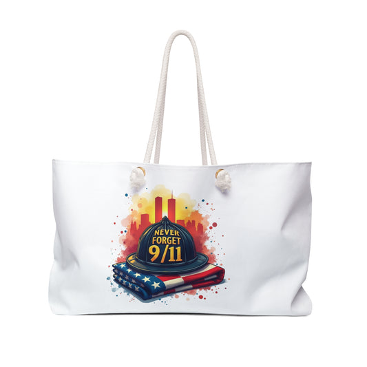 Never Forget 9/11 Memorial Weekender Bag - Patriotic Firefighter Helmet & Flag Tote