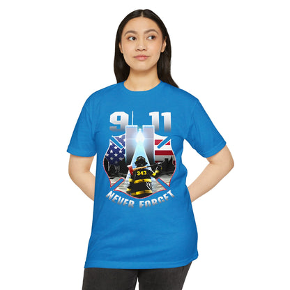 9/11 Never Forget T-Shirt — Firefighter Tribute Tee with Twin Towers & American Flag