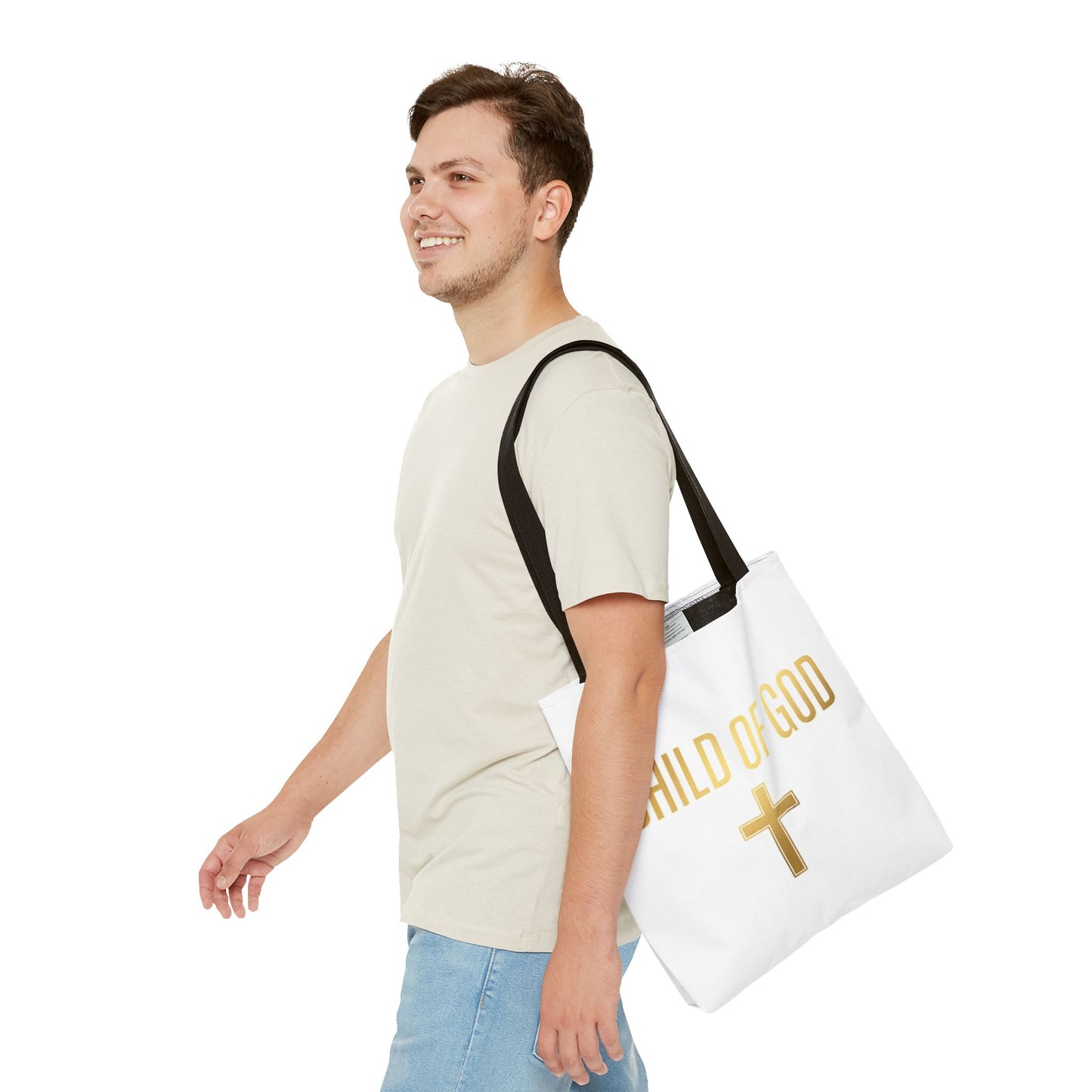 Child of God Tote Bag — Gold Cross Religious Canvas Tote