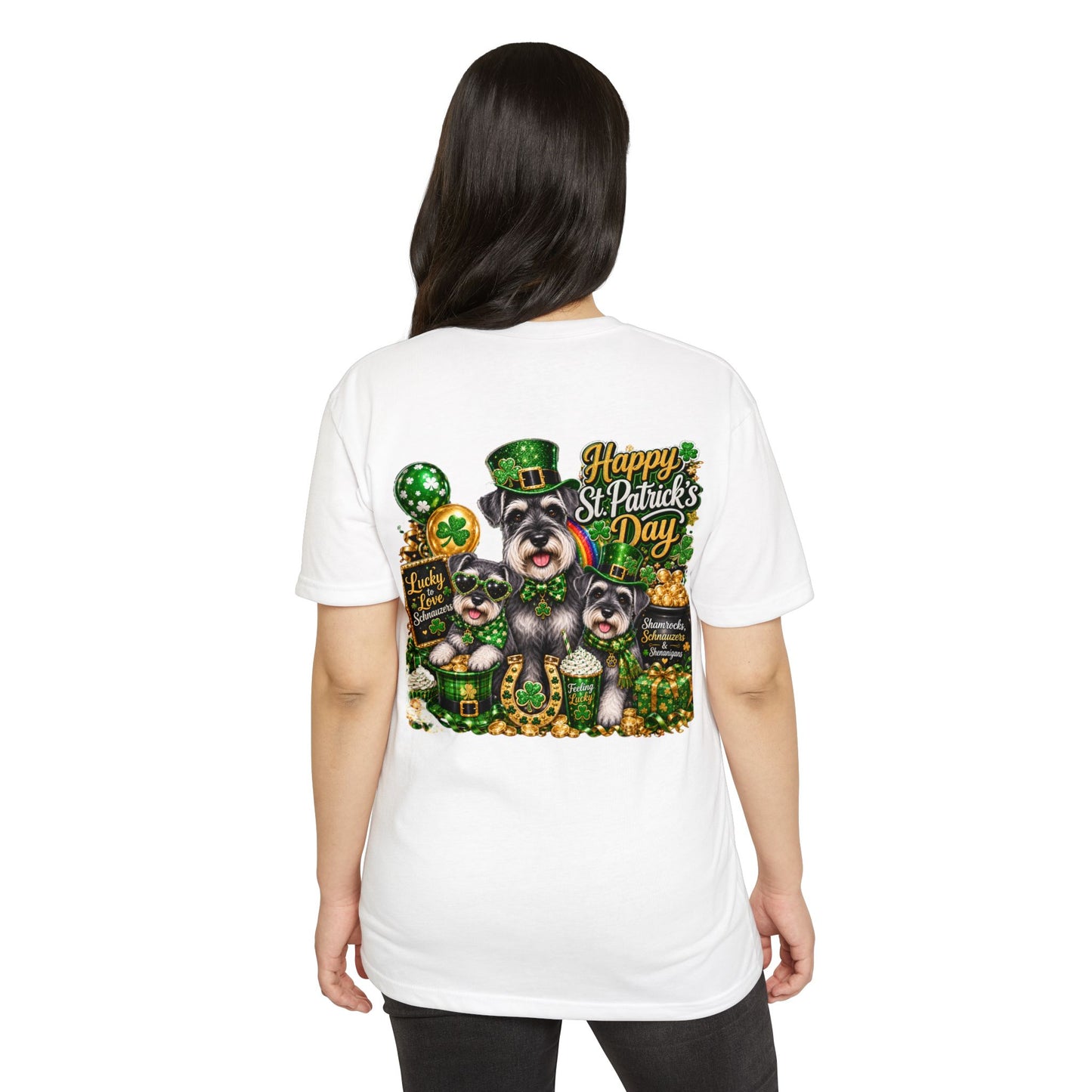 St. Patrick's Day Schnauzer T-Shirt — "Happy St. Patrick's Day" Lucky Dogs Tee
