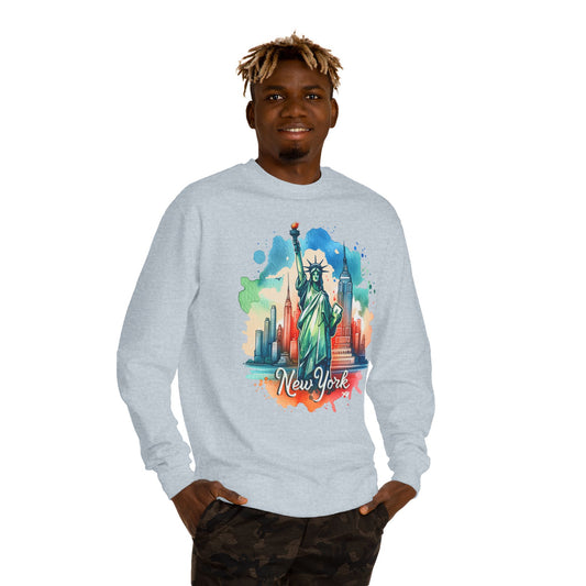 New York Skyline Sweatshirt — Colorful Statue of Liberty Cityscape Crewneck