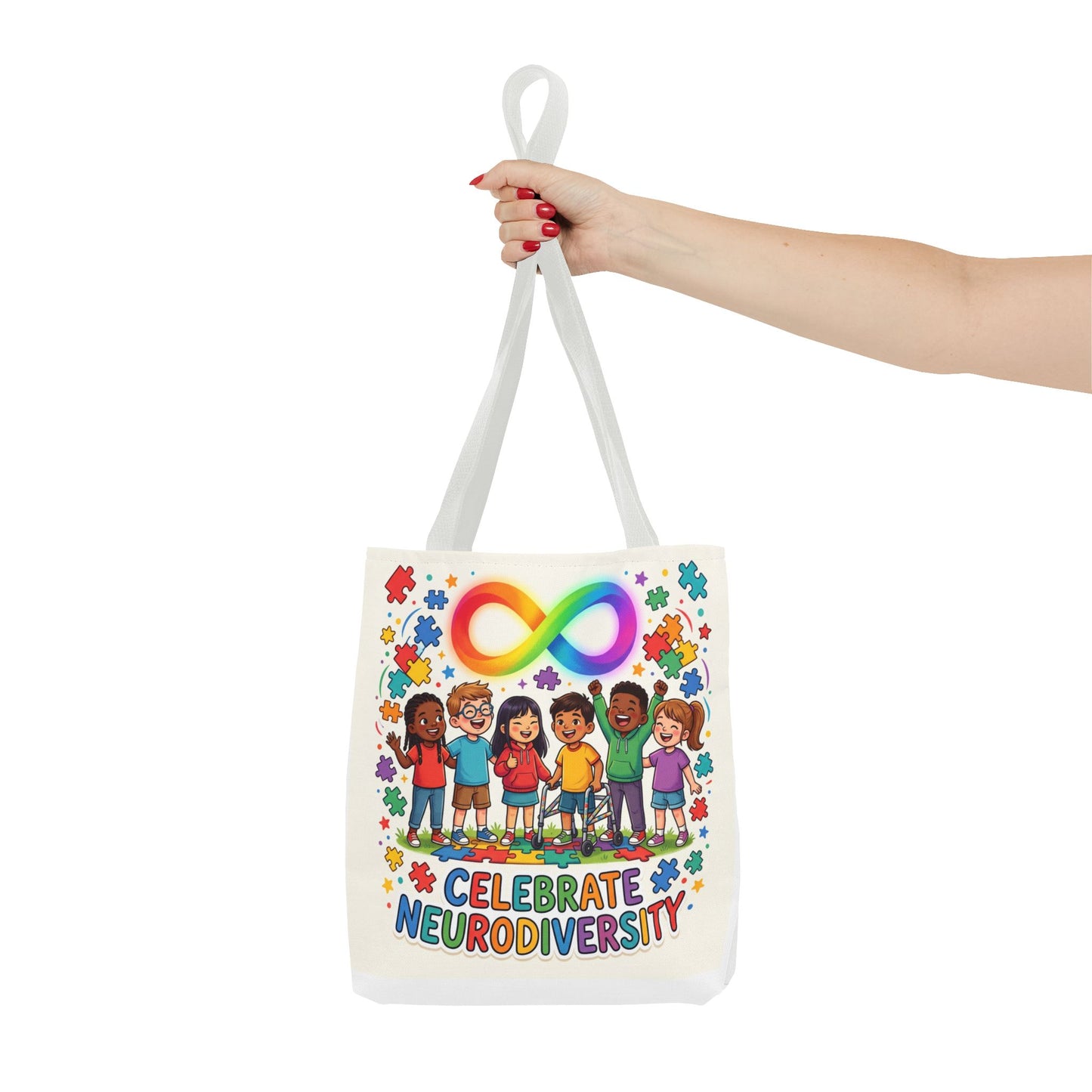 Celebrate Neurodiversity Tote Bag — Rainbow Infinity Symbol & Kids Design