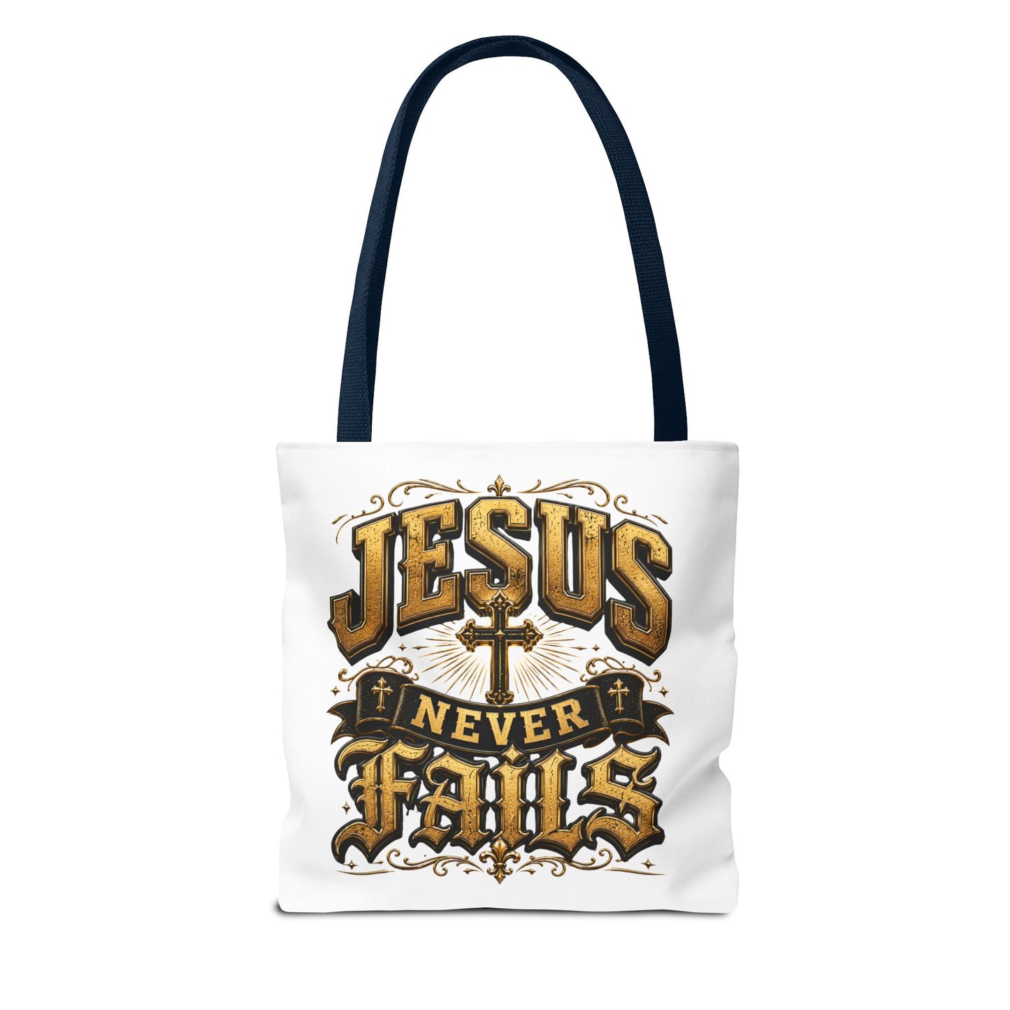 Jesus Never Fails Tote Bag — Christian Faith AOP Canvas Tote
