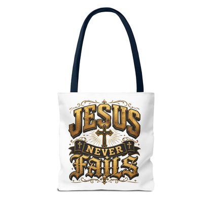 Jesus Never Fails Tote Bag — Christian Faith AOP Canvas Tote