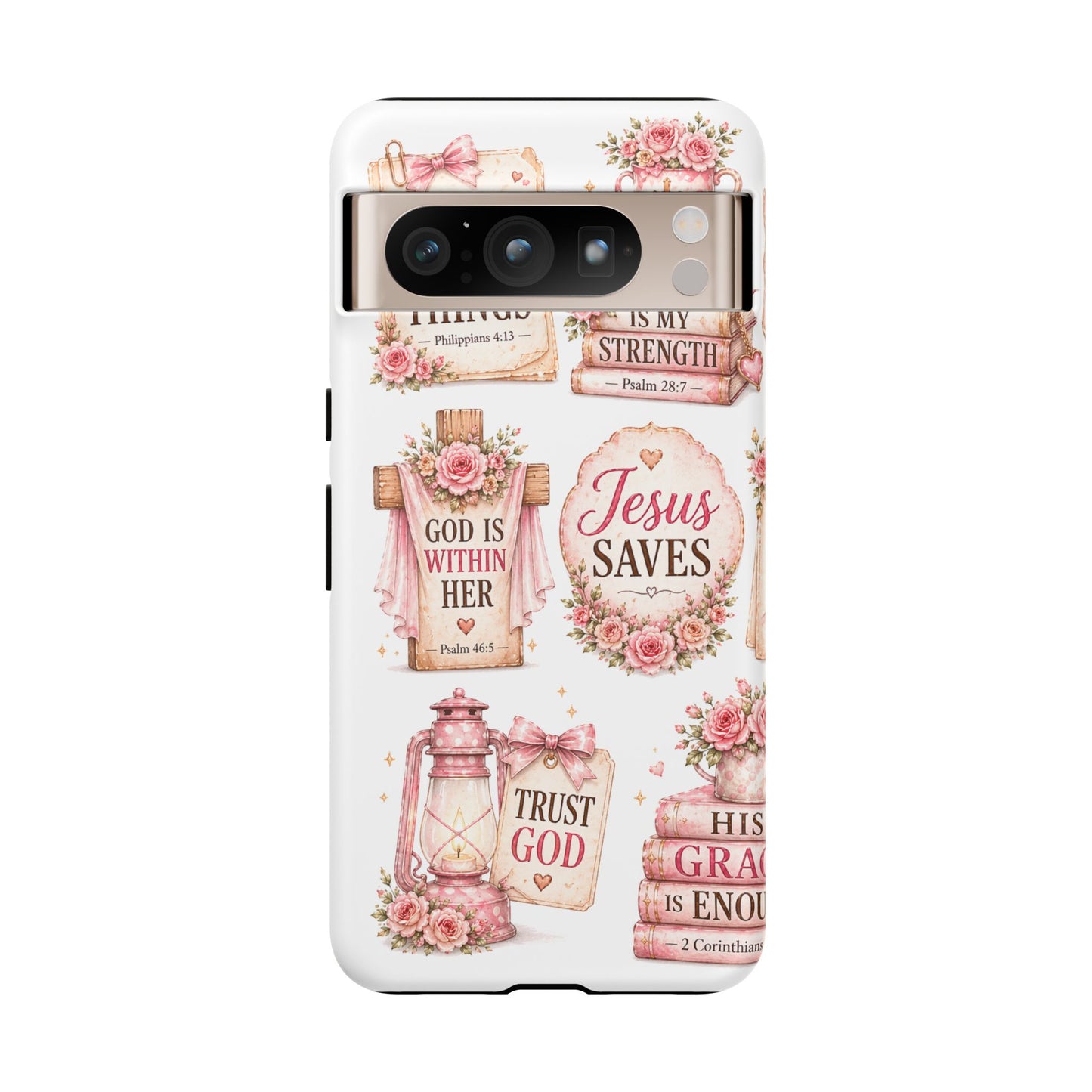 Christian Phone Case — Jesus Saves Floral Tough Case with 'God Is Within Her' & 'Trust God' Design