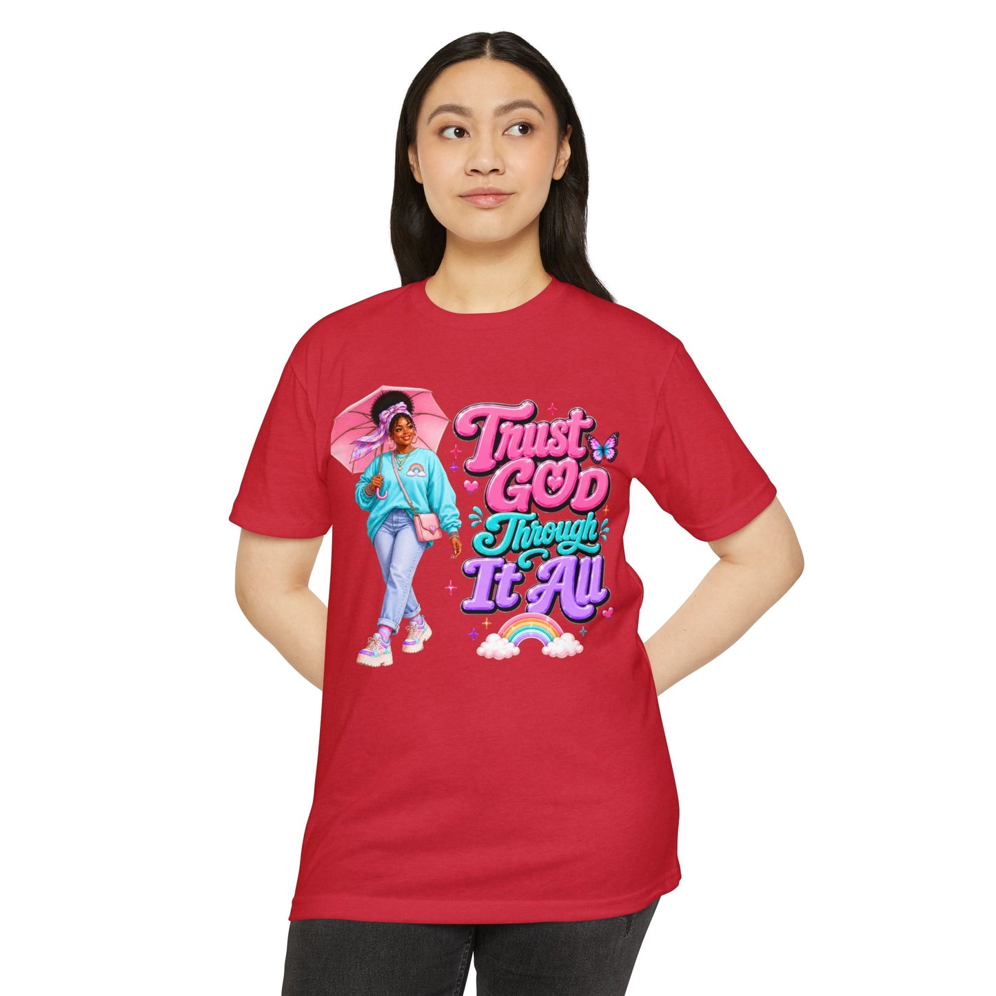 Trust God Through It All T-Shirt — Inspirational Faith Tee with Colorful Girl Illustration