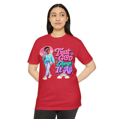 Trust God Through It All T-Shirt — Inspirational Faith Tee with Colorful Girl Illustration
