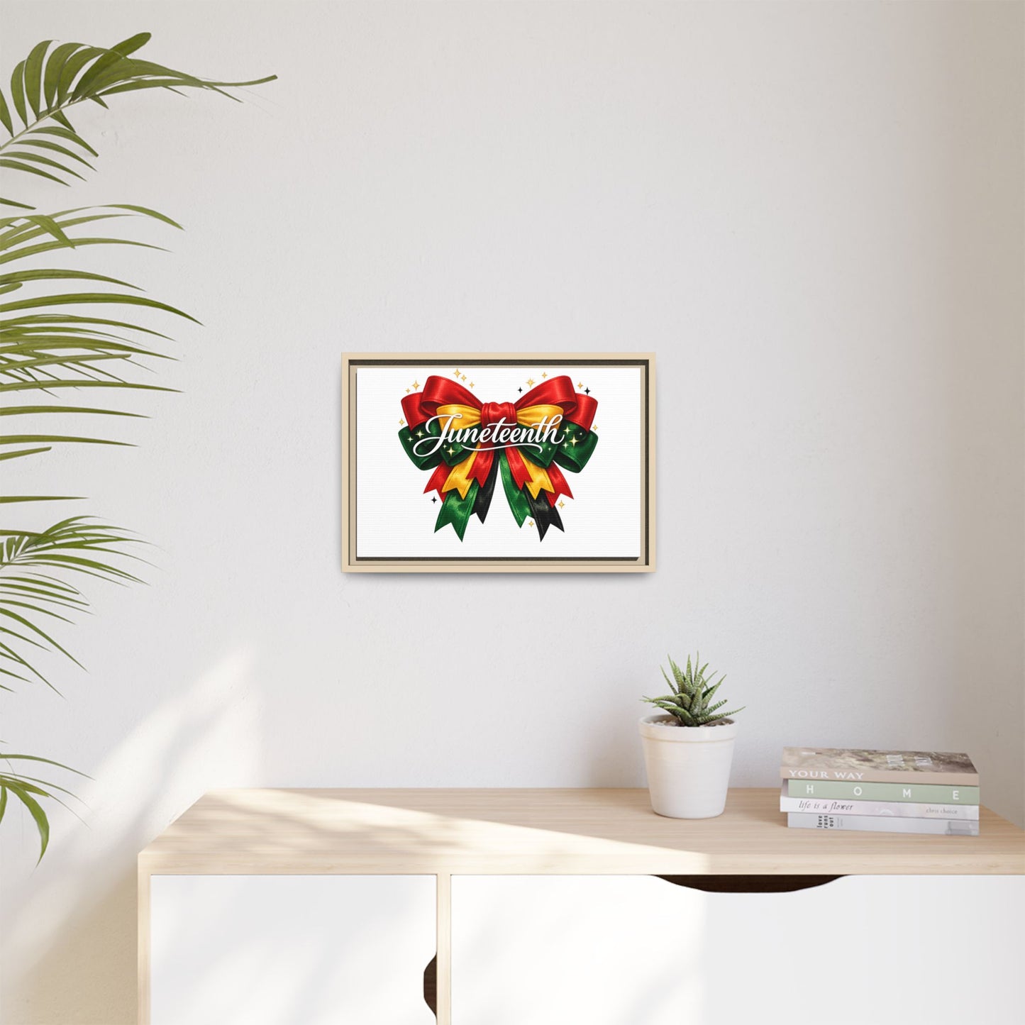 Juneteenth Framed Canvas Print – Festive Red, Green & Gold Ribbon Wall Art